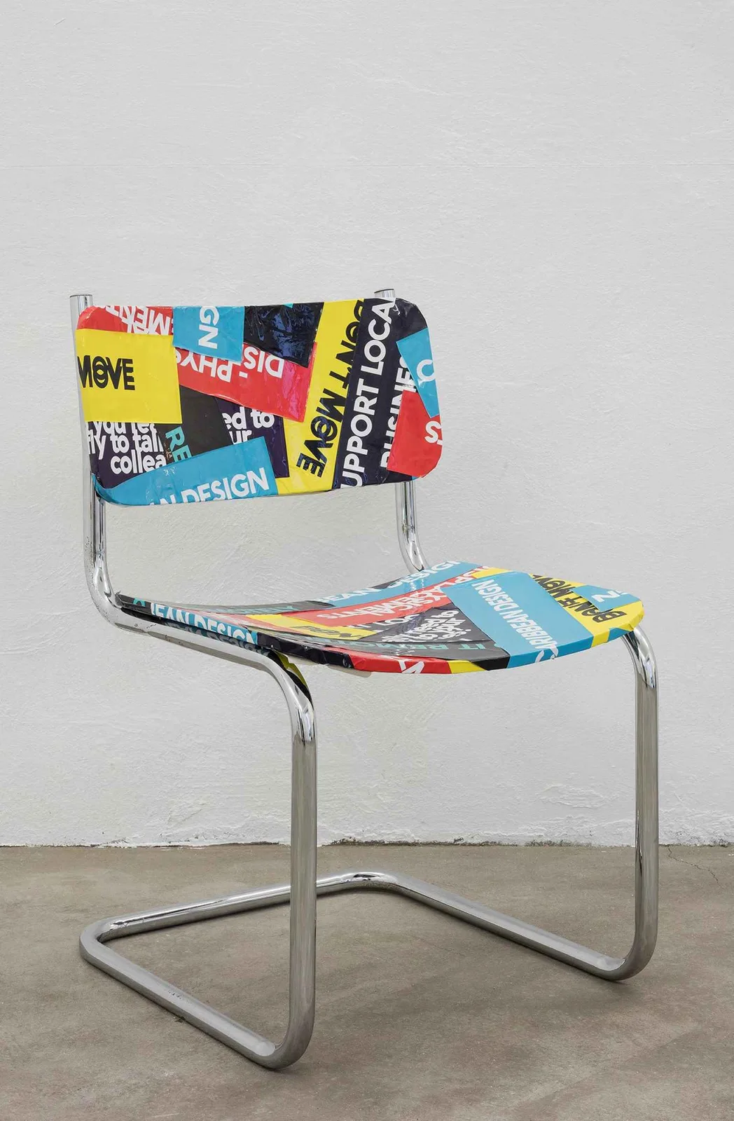 Tubular chair, Italy ’80s, modified by Andrea and Davide, KIM1995 claim stickers, Milan, 2018. 4,36 tons.