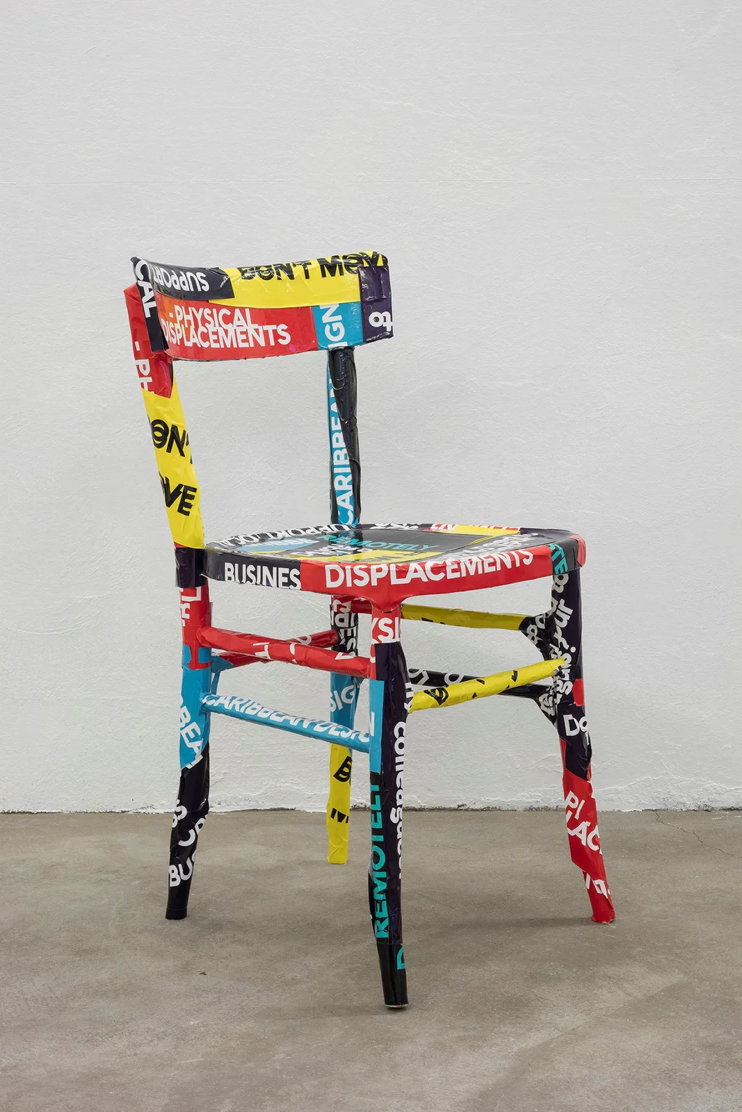 Wood chair, Italy ’60s modified by Andrea and Sara, KIM1995 claim stickers, Milan, 2018. 4,36 tons.