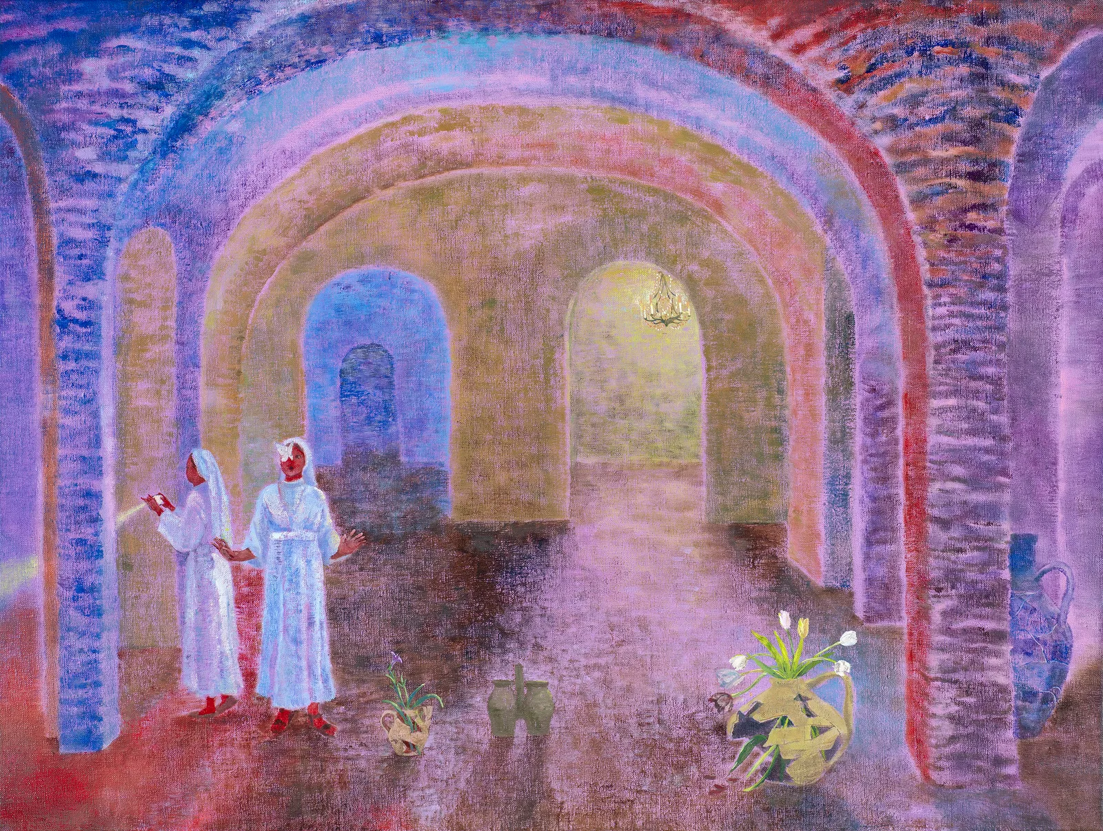 Two nuns, a butterfly and restored vases at the Roman road under Basilica di San Clemente