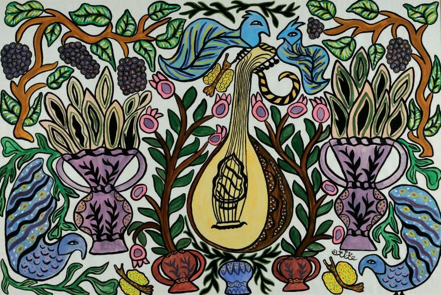 Baya Mahieddine Composition au luth, aux oiseaux, aux papillons, aux raisins et aux vases de fleurs Elmarsa